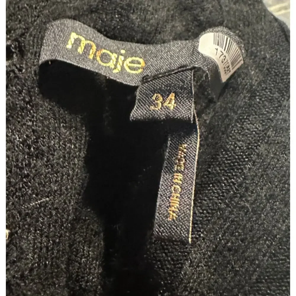 Maje Black Ribbed Knit Mini Dress SIZE 0 Career Fit Flare Long Bell Sleeve $300 - Picture 11 of 12